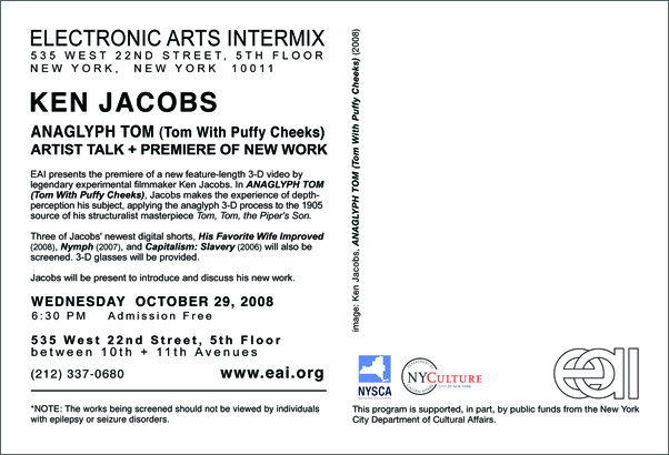 KEN JACOBS ANAGLYPH TOM (Tom With Puffy Cheeks) Artist Talk + Premiere of New Work