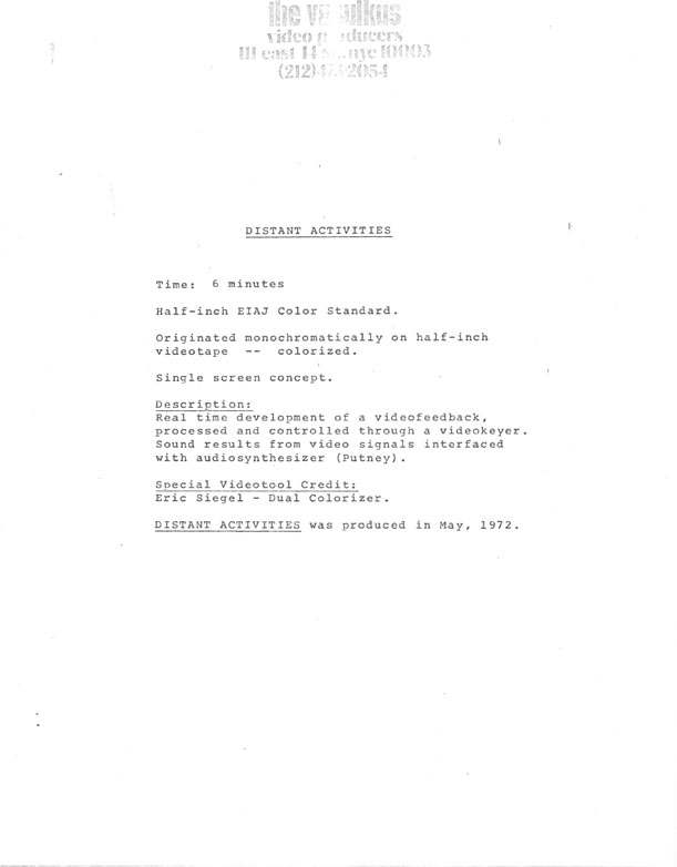 Steina and Woody Vasulka's typed description of Distant Activities