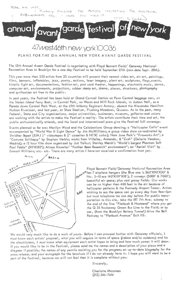 Plans for the 12th Annual Avant Garde Festival: Letter of invitation to artists
