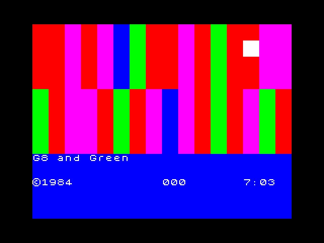 A still from JODI's Jet Set Willy Variations. Screenshot from a videogame with birhgt neon color bars and a black border. 