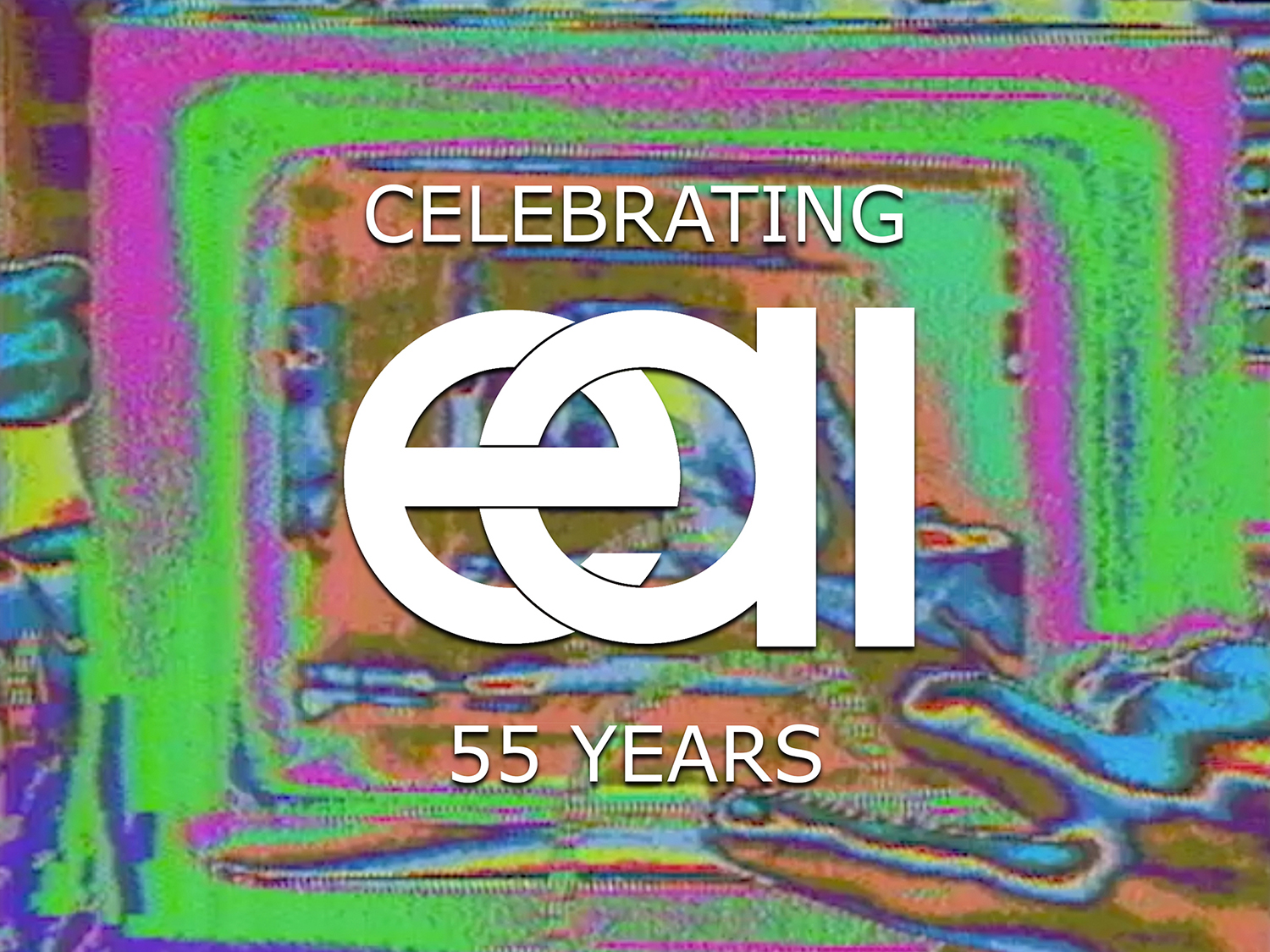 A still from Stan VanDerBeek's Reeling in TV Time (1980) with white text overlaid that read "Celebrating EAI 55 years"