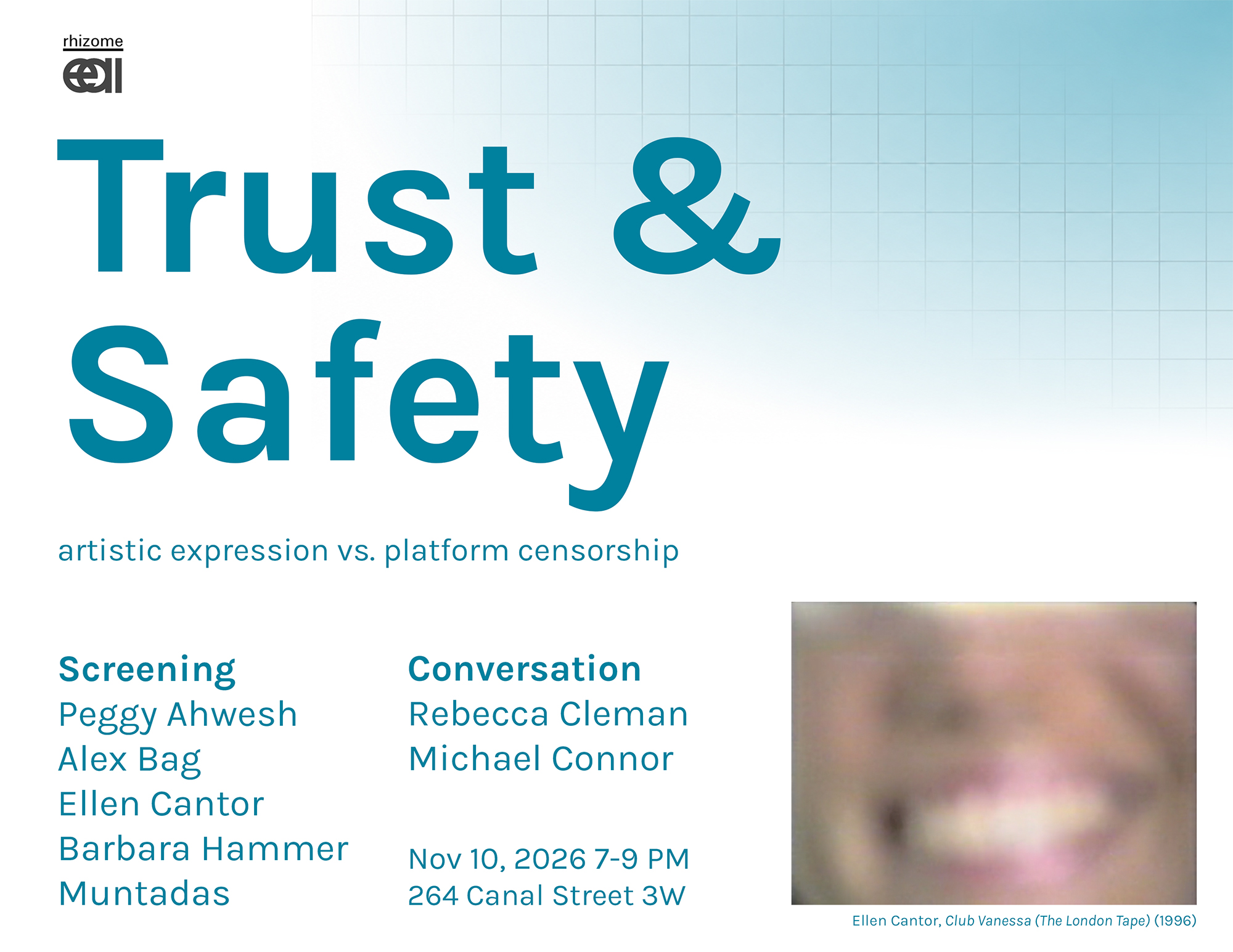 Image is an event flyer with a white background and light blue text. The top right corner has a subtle grey grid design overlaid on a light blue gradient. The event is titled Trust &amp; Safety: Artistic Expression vs. Platform Censorship. 